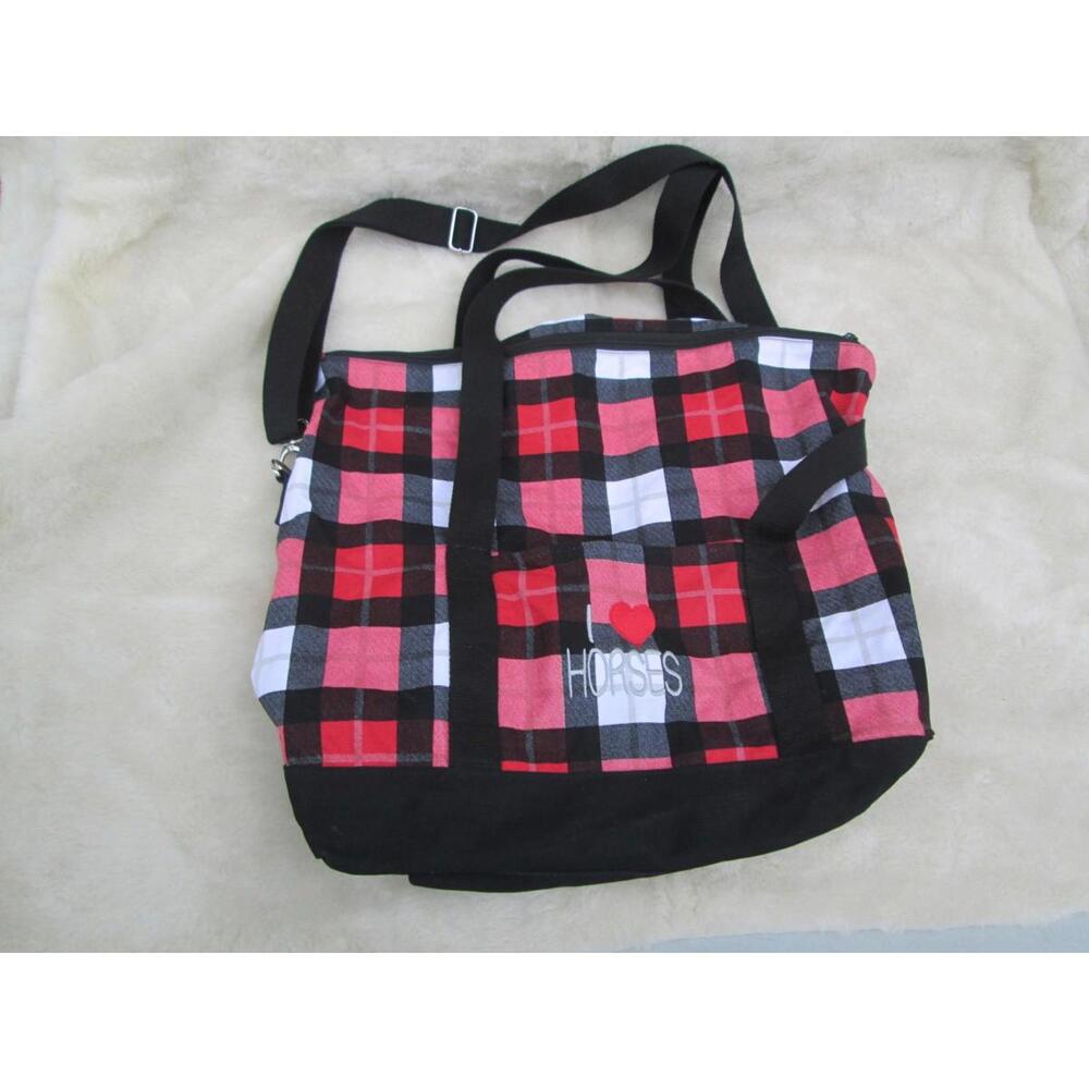 Thirty-One Plaid Tote Bag Red Black White I Love Horses Embroidery Large Zip